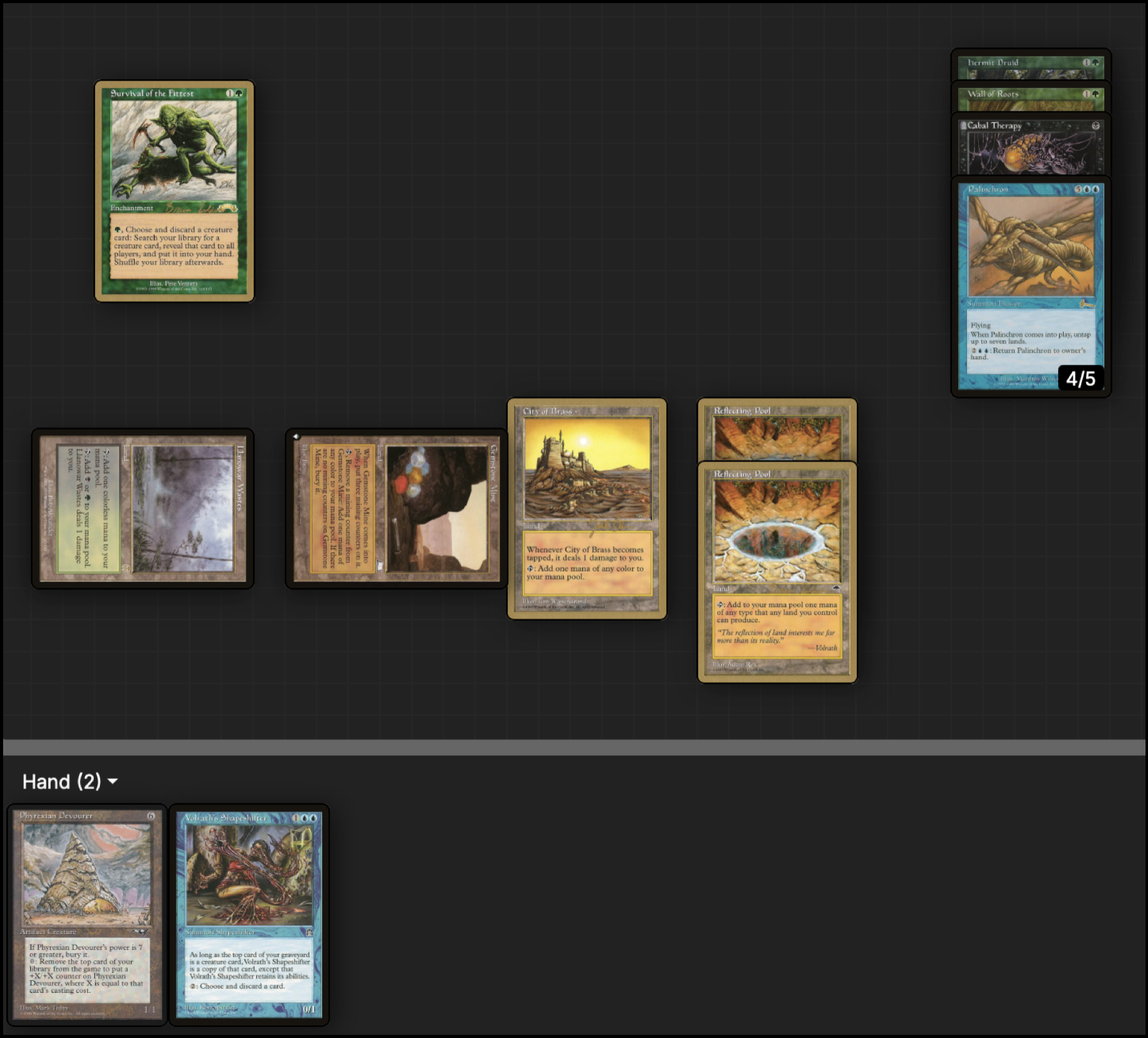 Board state: hFEB player about to combo with Shifter and Devourer, opponent has a Bolt
